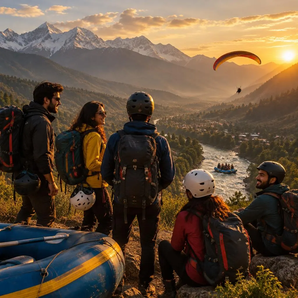 Group of friends in adventure gear on a mountain viewpoint at sunset above Manali valley
