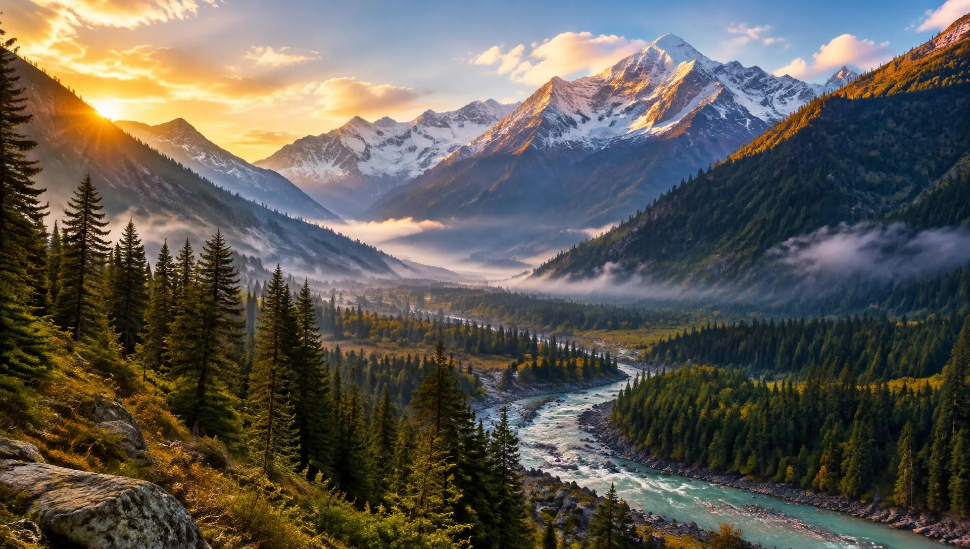 Golden sunrise over snow-capped Himalayan peaks and a turquoise river valley near Manali